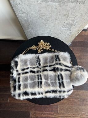 Faux Fur Plaid Crossbody Bag with Gold Chain and Pom Pom